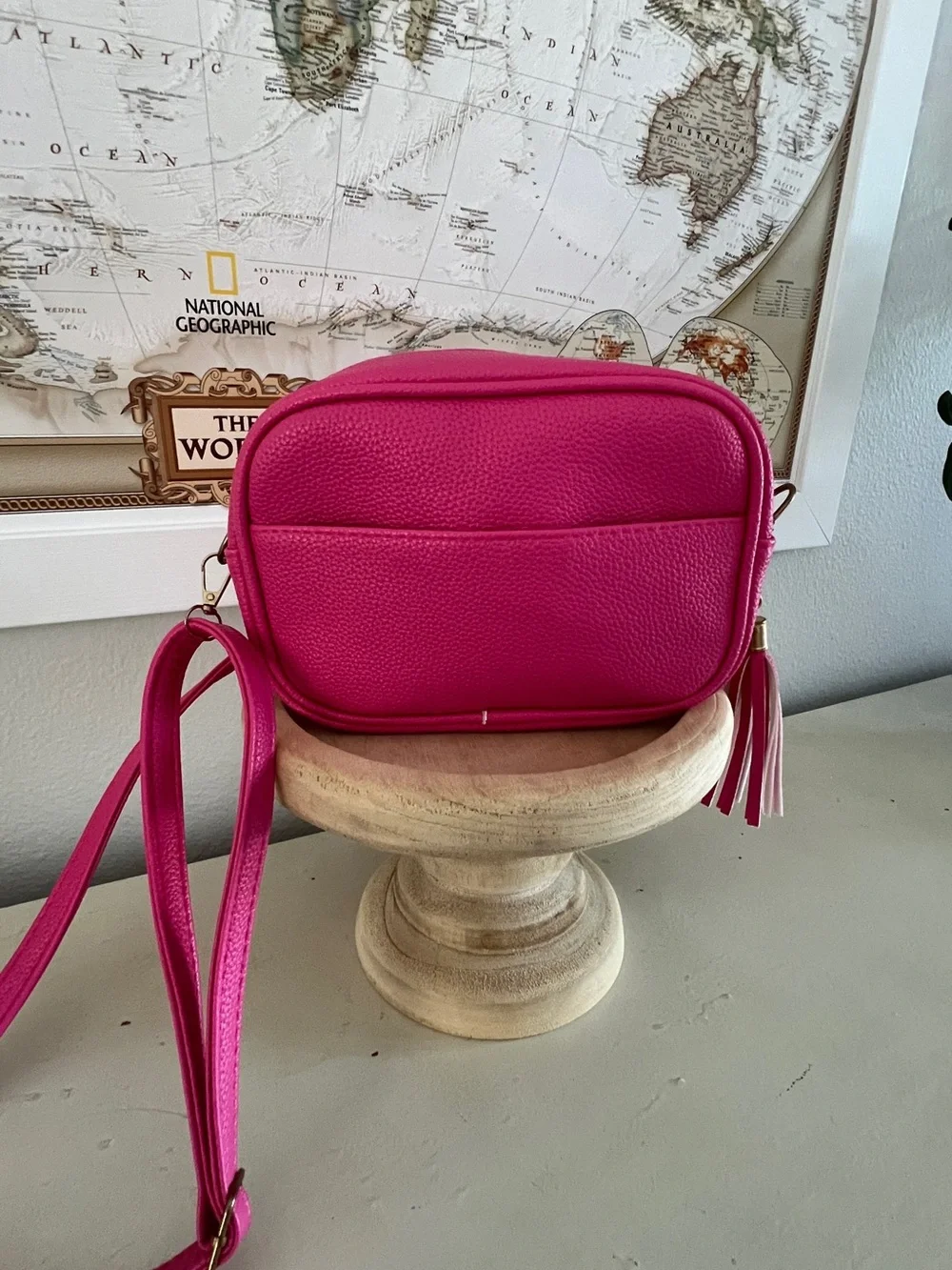 Bright Pink Crossbody Bag with Tassel - Picture 2 of 3